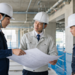 建設現場で若手社員と現場代理人が図面を見ながら対話している様子