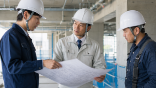 建設現場で若手社員と現場代理人が図面を見ながら対話している様子
